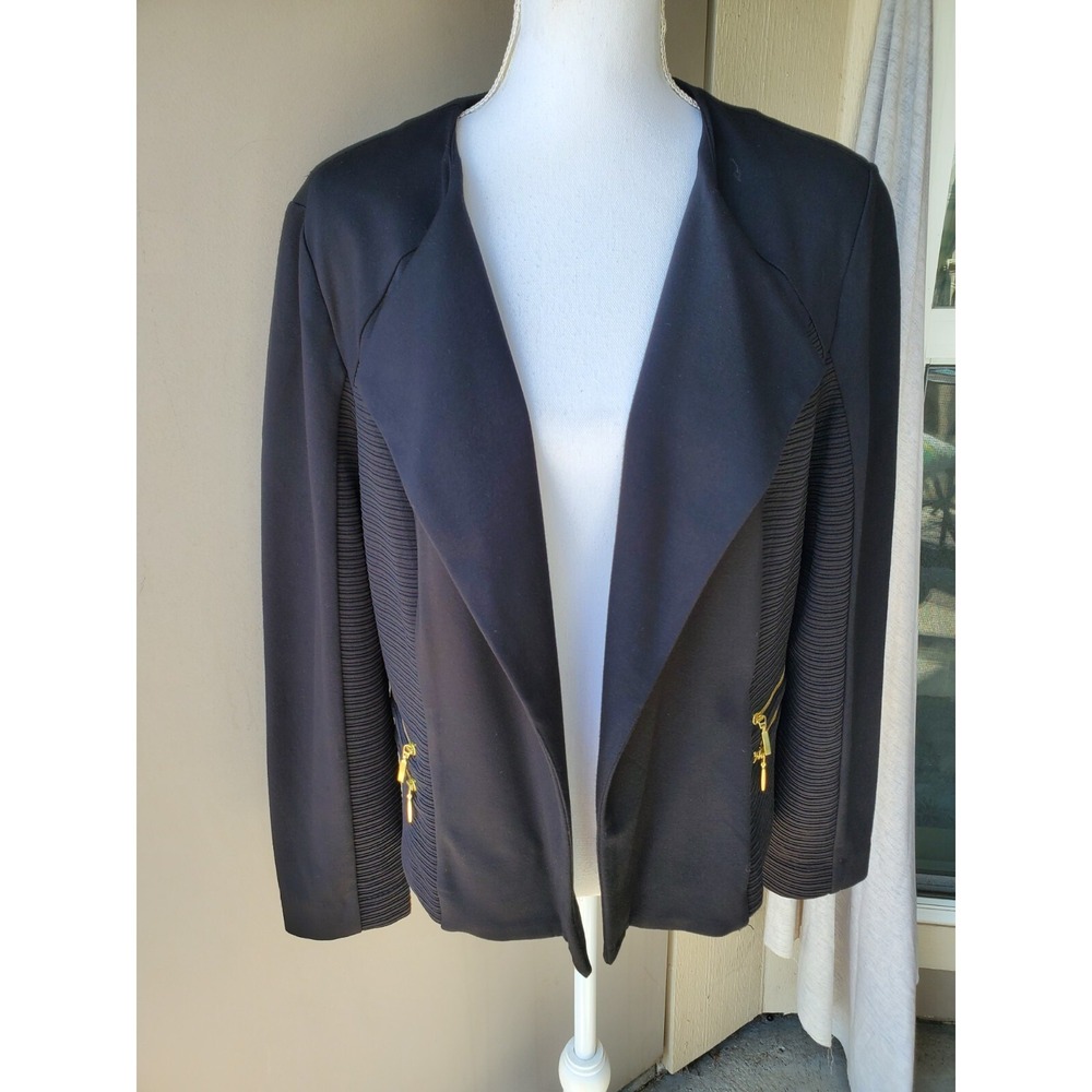 Chicos 2 Jacket Womens Large Black Gold Zippers Textured‎ Elegant Career Casual